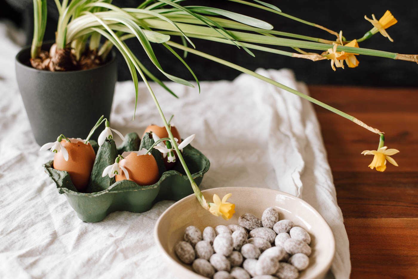 Einfache DIY Upcycling Idee für die Deko fürs Osterfrühstück/Osterbrunch: Osterdeko mit Eierkarton und frischen Blüten schnell selber machen.