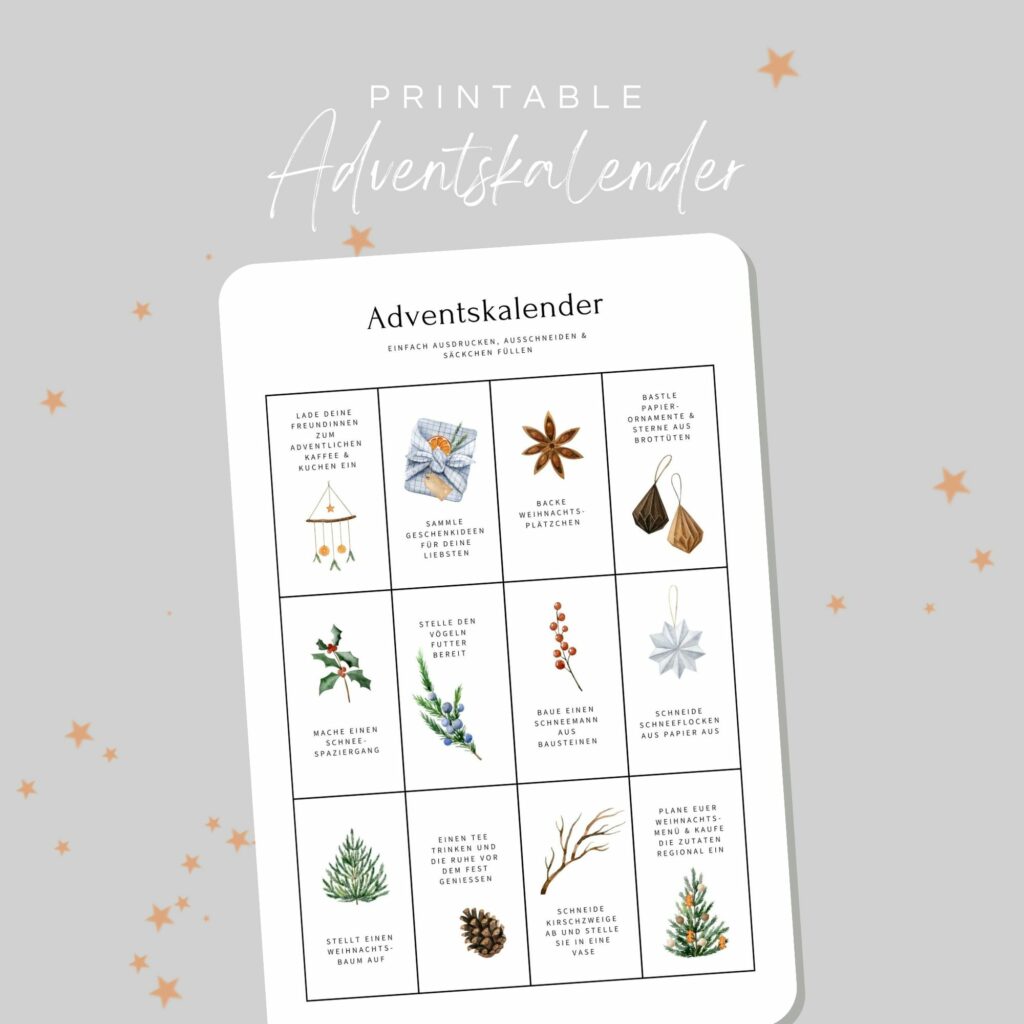 Digitaler Adventskalender zum selber ausdrucken mit nachhaltigen Tipps für die Weihnachtszeit
